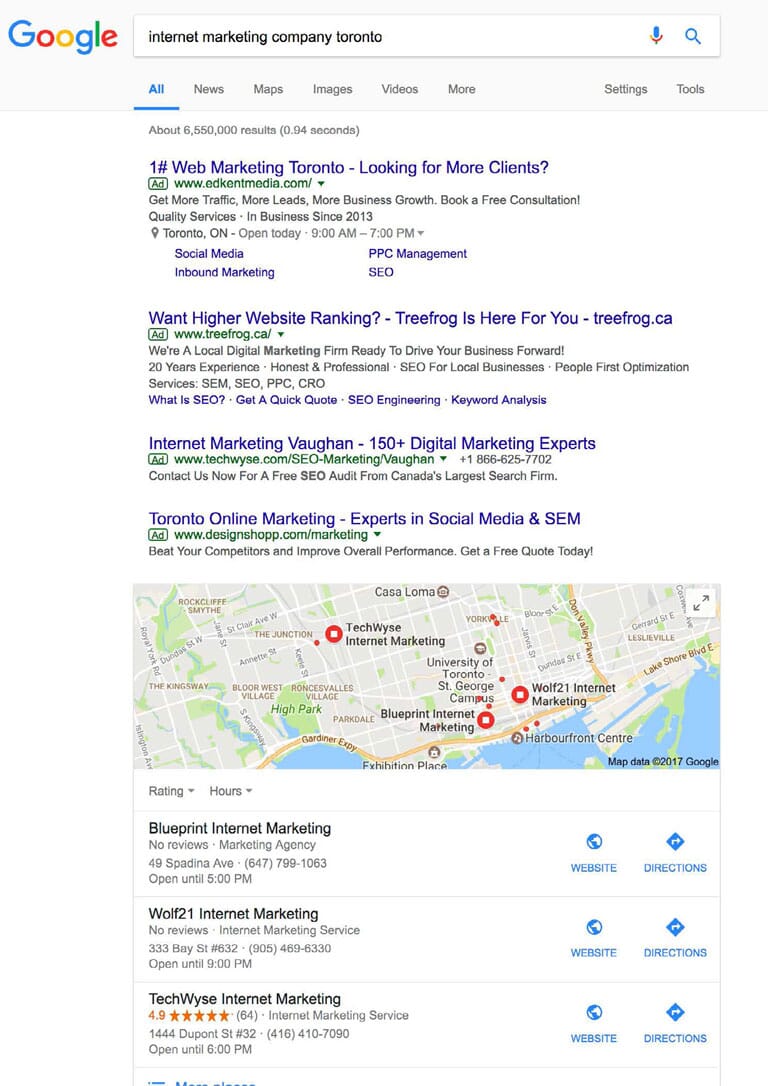 how Google displays organic results for the search term Internet Marketing Company Toronto