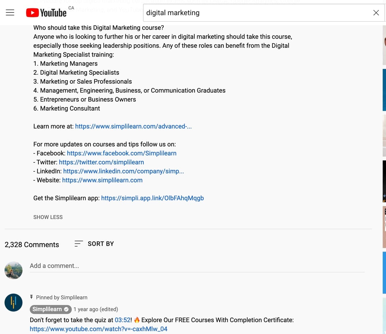 digital marketing search results on youtube