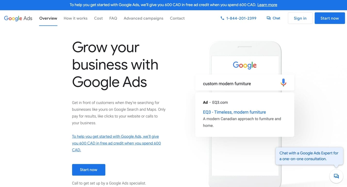 google ads overview page