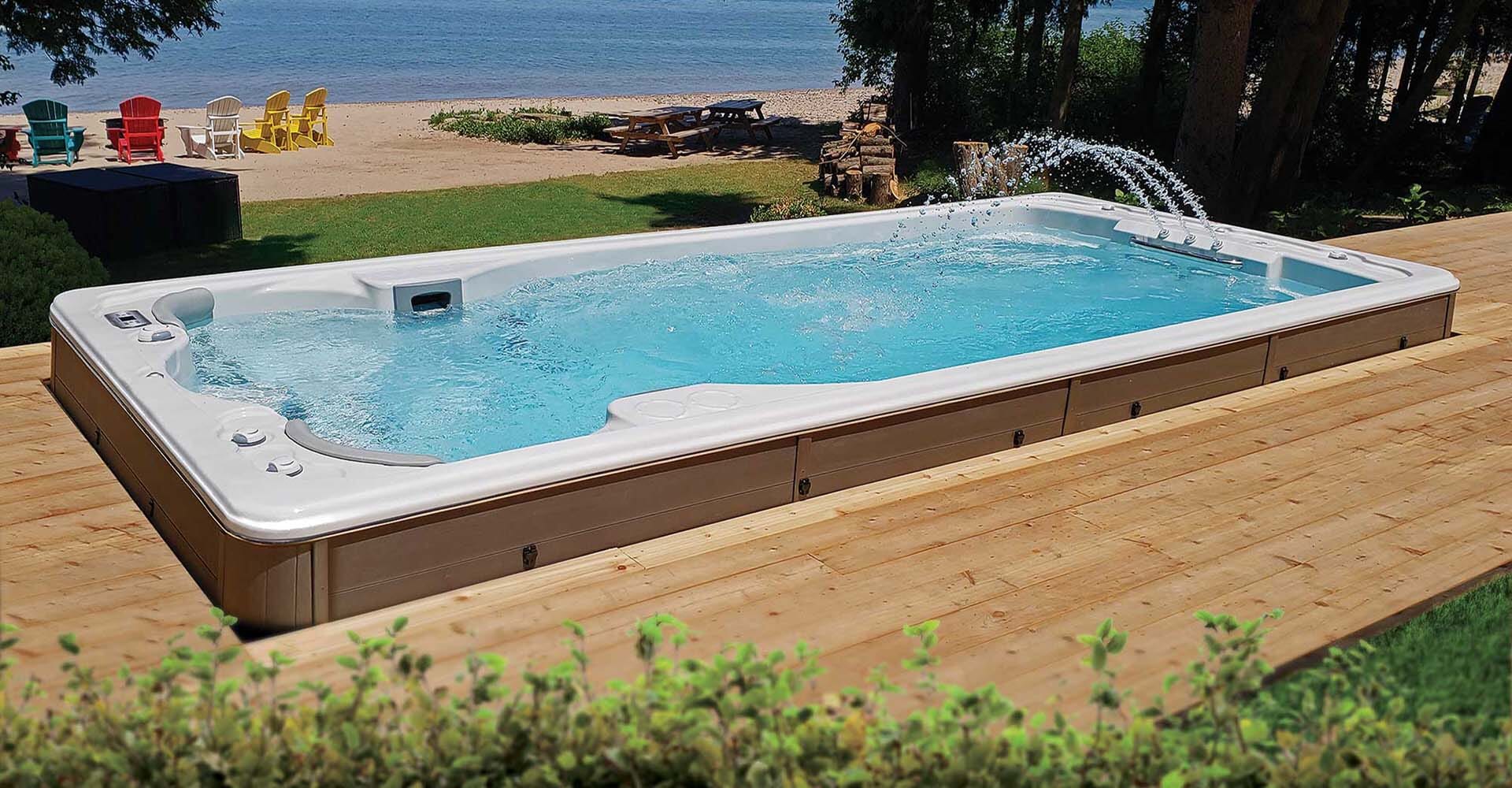 swim spa installed on wooden surface